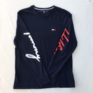 Tommy Hilfiger Navy and Red Long Sleeve Tee - Large